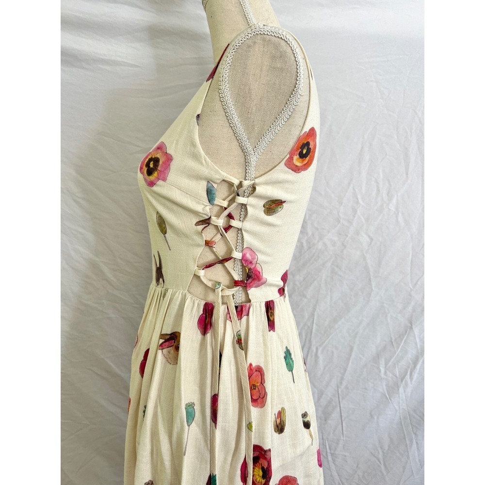 Pepaloves Midi Dress Womens XS Cream Poppy Bunny Linen Blend Lace Up Side XS - Picture 3 of 8